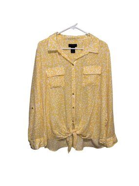 Yellow & White Button Front Tie Hem Blouse XL By Investments